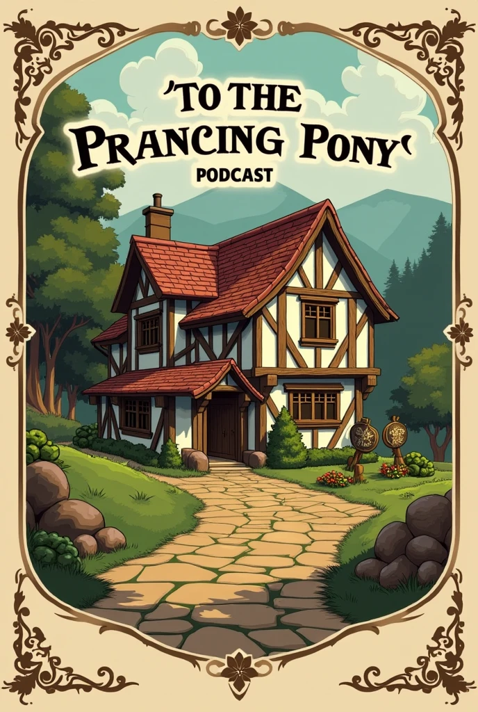 Create a logo for a podcast titled: “To the Prancing Pony”, in Lord of the Rings style, with the name in the logo