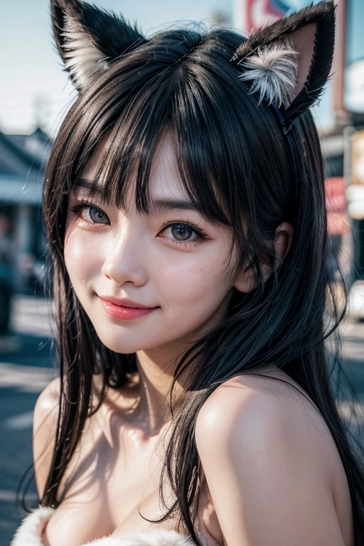 black hair, hair bobbles, wince, longeyelashes, solid circle eyes, fake animal ears, light smile, ear blush, fang, ccurate, Surrealism, drop shadow, anaglyph, stereogram, tachi-e, pov, atmospheric perspective, 8k, super detail, best quality