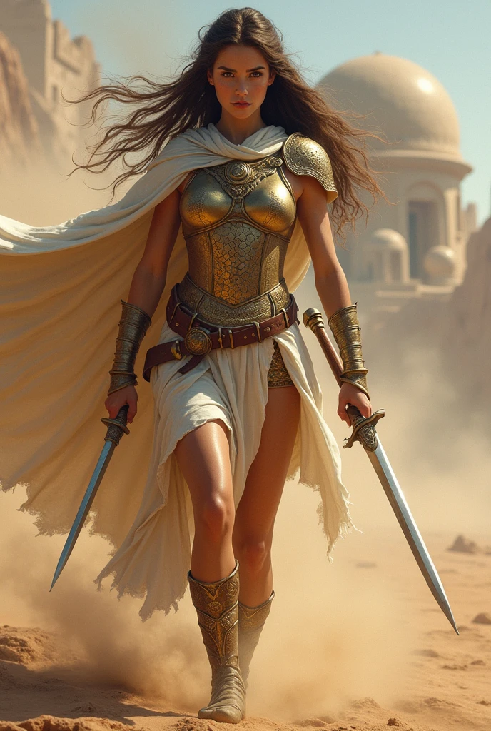 (masterpiece), full hd, best quality, 1 girl, solo, , beautiful, shapely, big hips, big breasts, innocent, Pure, delicate, Proportional body, perfect body figure, cold face, long hair flying in the wind, Photos with depth, wind, (masterpiece), full hd, best quality, expressive eyes, perfect face, 1 girl, solo, Portrait of an ancient Persian female warrior wearing armor fighting fiercely in the desert, In the distance is an ancient temple, long legs