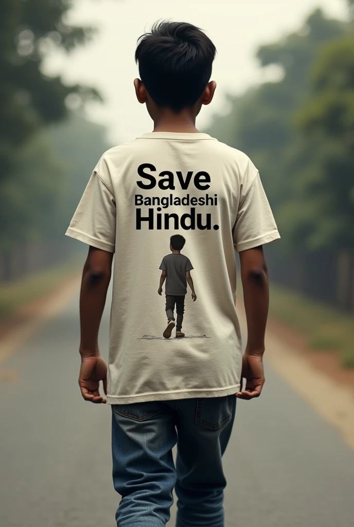 Save Bangladeshi Hindu write print t-shirt back side smart single boy walking road with blur background 