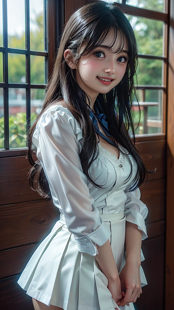 photograph、smile、Ultra slim、Delicate body、pretty girl、 最高にかわいいYua Mikami、、White skin、Bobcut、Brown Hair、Wearing white underwear:1.8, Super short skirt, Butt, White shirt,Height: 154cm、Ocean岸沿い, Enoshima(Detailed Background), gloss々Lips, From the side, Pleated skirt、high school girl、uniform、Tabletop, Highest quality, (リアルなphotograph:1.8), (Smooth lighting:1.2), Very detailed, In detail, High resolution, 8k, Perfect dynamic composition, (楽しいsmile:1.5), Open your mouth, (Beautiful attention to detail), Natural color lip, long wavy hair, Very detailed顔と肌の質感, Perfect beautiful face blue sky、Ocean、Outdoor,Showcasing Cleavage、Waistline、Yua Mikami、Black Hair、、Japanese、E Cup、Waistline、Symmetrical face、From the sideのアングル、Blurred Background、Profile beauty、Tabletop,Natural、Human skin、healthy、Touching your hair