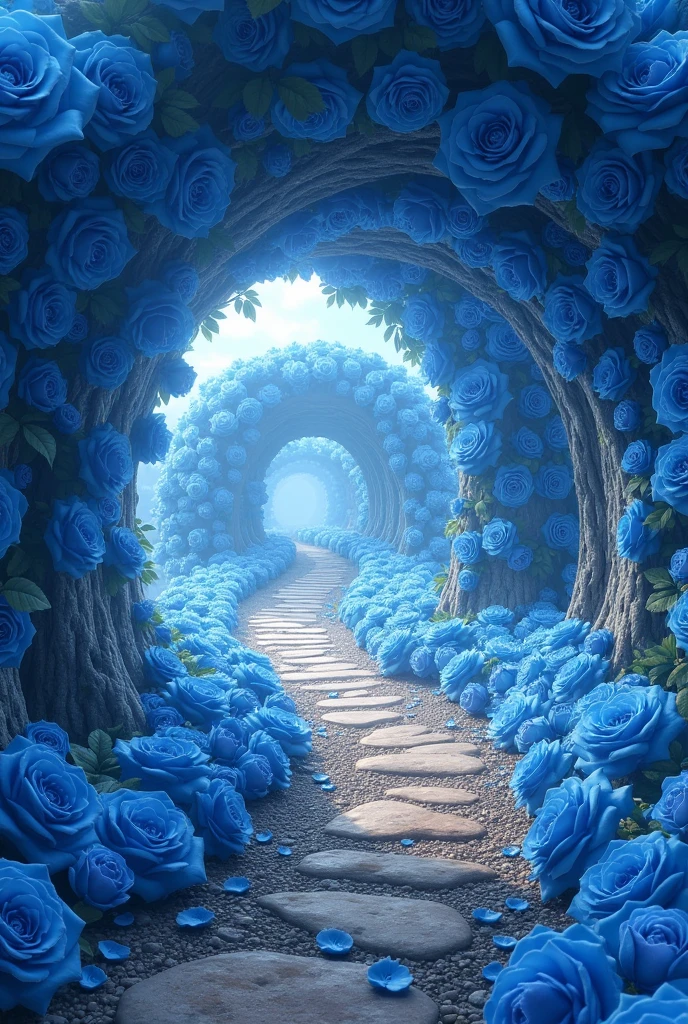 Rocky road trail under long tunnel made of blue roses.