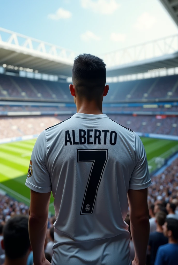 Person wearing the Real Madrid shirt with the number 7 and the name Alberto at the Bernabéu