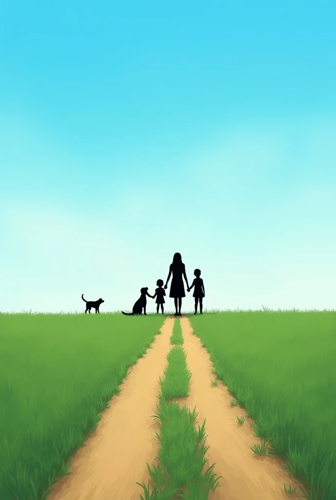 A painting with a green floor, a simple dirt road cutting it in half, clear blue sky, silhouette of a woman holding the hands of two children (um e uma meninaa dog next to it