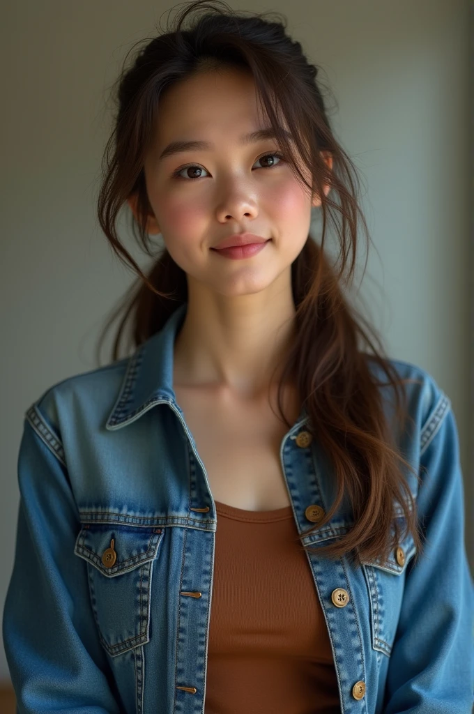 A young woman with brown hair tied up, She wears a blue denim jacket and a brown top underneath.. 