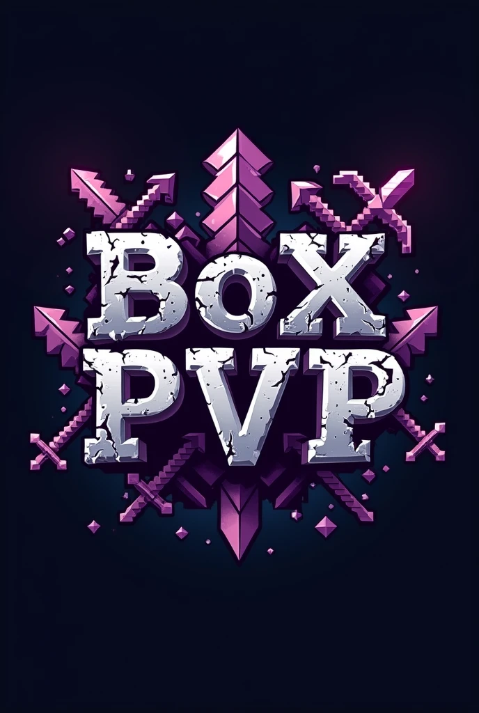 Napis BoXPVP  fioletowo szary z mieczami i siekierami Minecraft wbitymi w napis 