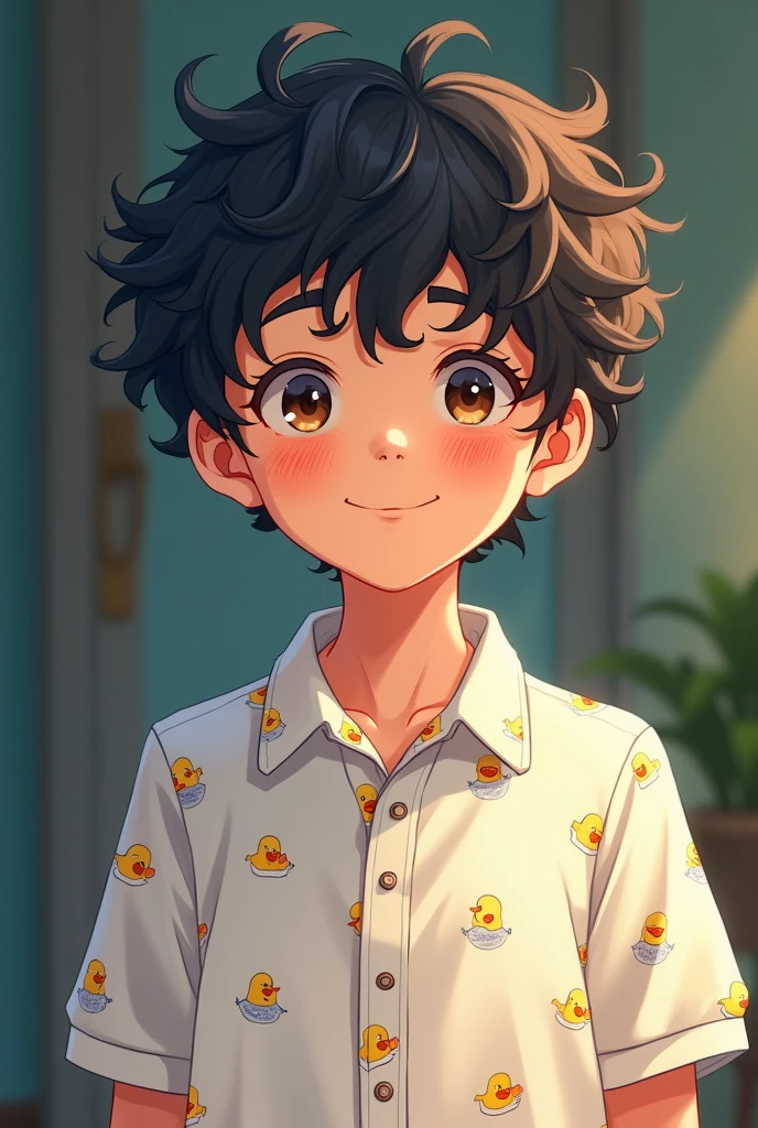 Boy in white duck shirt with anime style curly hair 