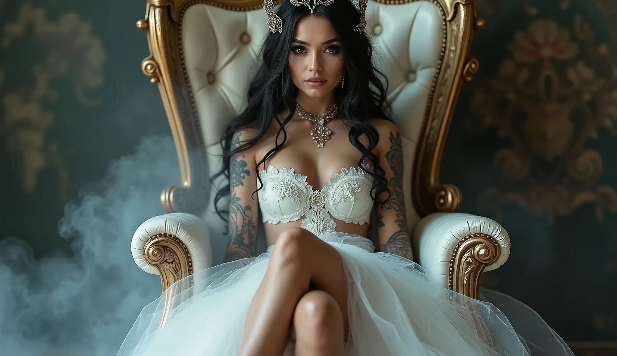 a beautiful young girl, 4k, ultra detailed, intricate tattoos, smoke, expressive beautiful face, long eyelashes, wearing a fantasy white dress, wearing fantasy white high heels, sitting on a white throne, crossed legs, sexy, flawless makeup,shiny skin,younger,