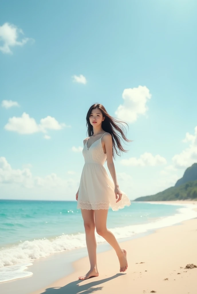 A stunning Korean woman with clear, beautiful facial features is walking along a serene beach. She is dressed in a short, elegant summer dress that accentuates her graceful figure. The image captures her full body as she walks barefoot on the sandy shore, her long dark hair flowing freely in the gentle sea breeze. The sunlight highlights her radiant skin and the delicate details of her dress. The ocean waves gently kiss the shore in the background, while the sky above is bright with a few soft clouds, creating a tranquil and picturesque settin
