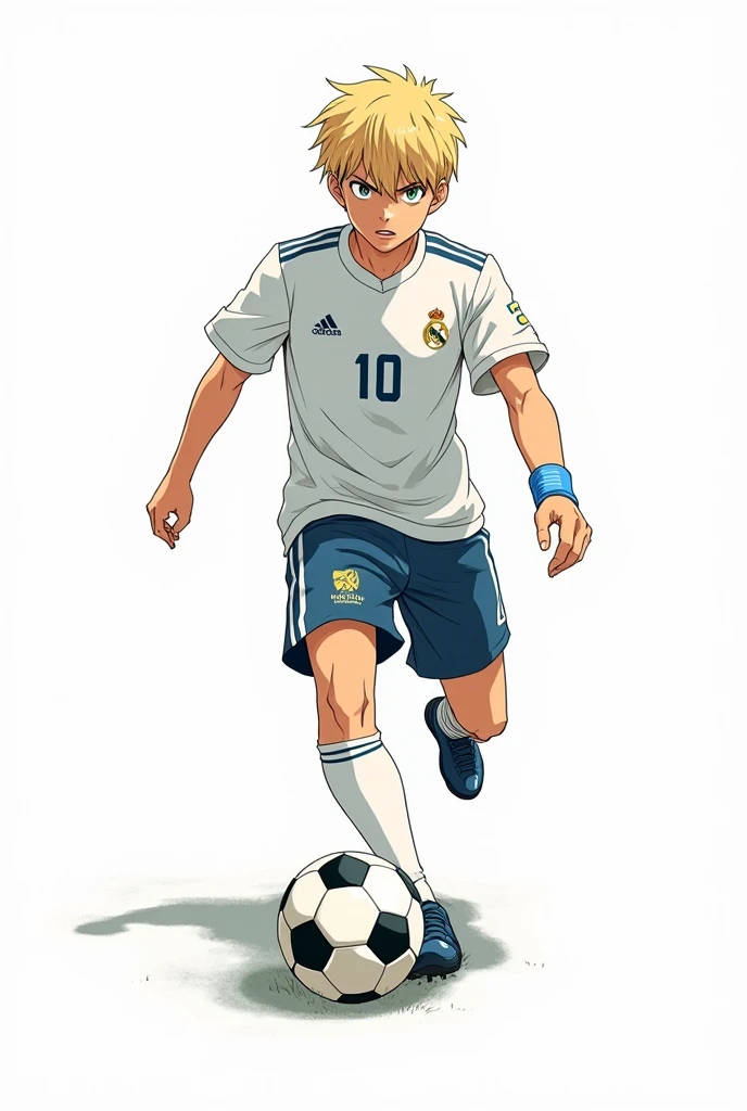 An anime cover, with the protagonist on a completely white background, kicking a soccer ball, while the protagonist looks at the ball with a look of fury and determination. With the anime name highlighted "Goal Frenzy". The appearance of the MALE protagonist is tall and has an athletic build with defined muscles.. Her hair is short and blonde, with a fringe that falls over the forehead, and your eyes are light green, full of determination. He wears the number 10 jersey for the Real Madrid football team and often has a blue and white band around his wrist..