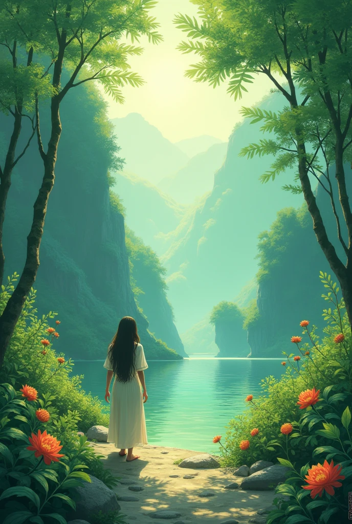 Create a romantic and empty background with green coloring, add references to Japan and references to acai fruit and references to tarot cards (all references on the sides of the image).