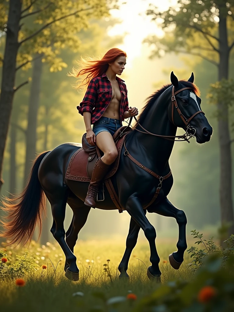 a red-haired Amazon wearing knee-high boots, blue shorts and plaid shirt, riding a black horse in a forest. ultra realistic, morning light