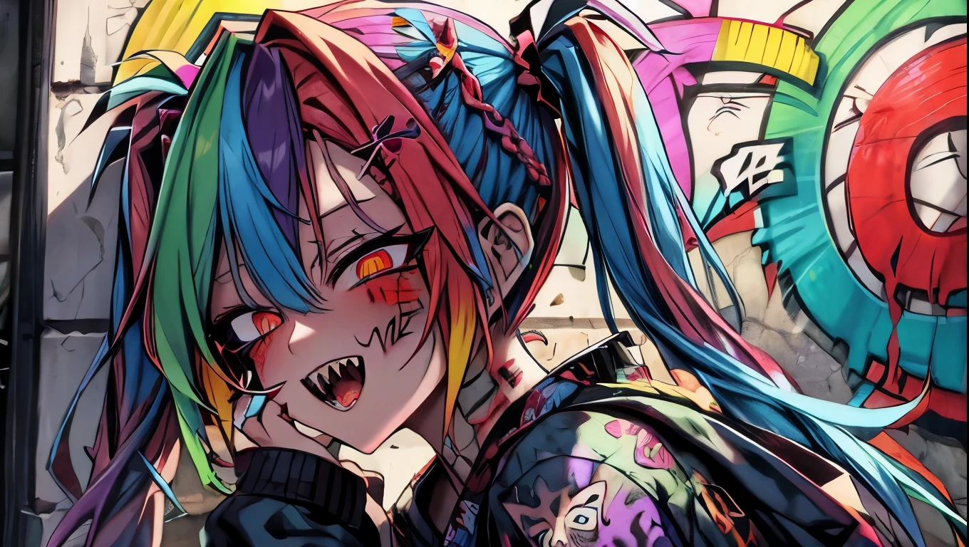 Ollie
multicolored hair
multicolored eyes
zombie_skin
traditional dress
twintails 、Leaning against a graffitied wall