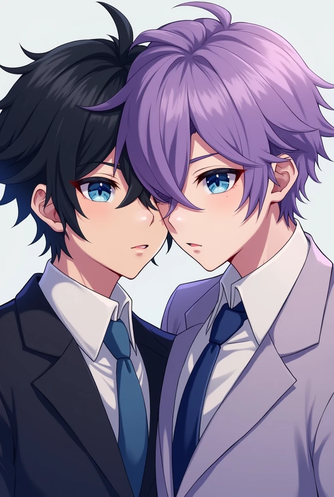 Please, generates an image of a newly formalized homosexual couple, a black-haired boy and the other with two-tone hair (half lilac and half violet). Both with blue eyes 

