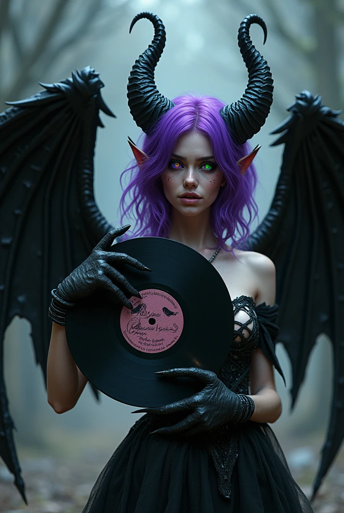 A demon woman,Broken Wings black color,purple hair,rainbow colored eyes, black and white dress, Holding a broken vinyl record 