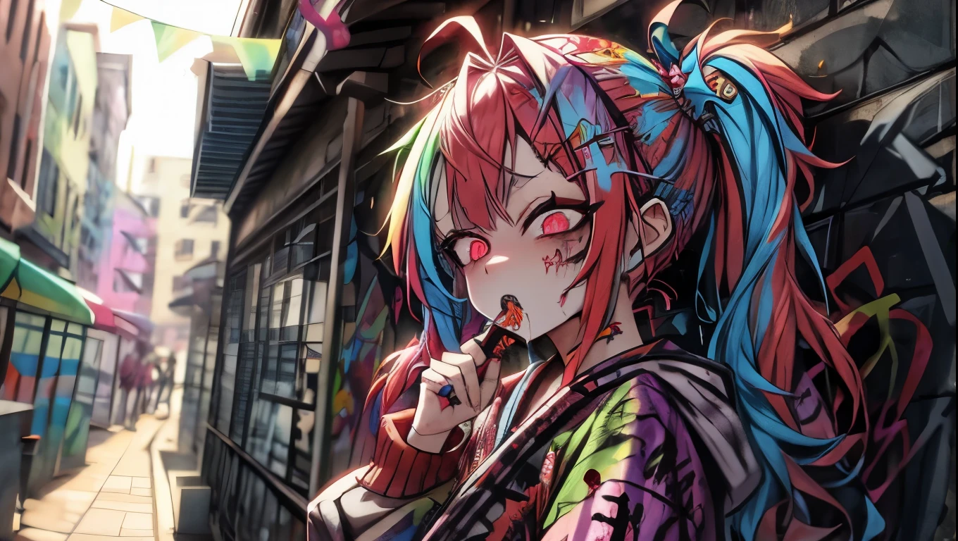 Ollie
multicolored hair
multicolored eyes
zombie_skin
traditional dress
twintails 、Leaning against a graffitied wall
