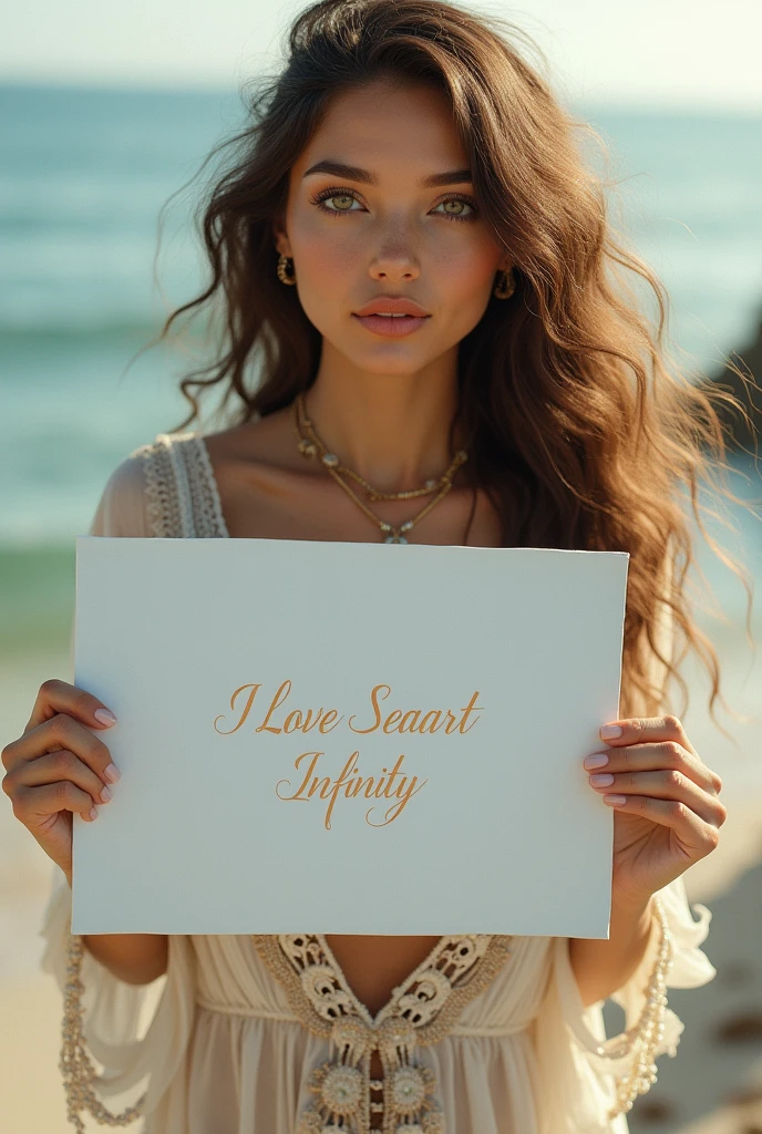 Beautiful girl with wavy long hair, bohemian dress, holding a white board with text "I Love Seaart Infinity" and showing it to the viewer
