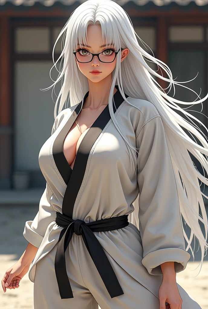 Long white hair woman, round, big eyes, big breasts, big butt, round ear, martial arts, White skin, wear glasses