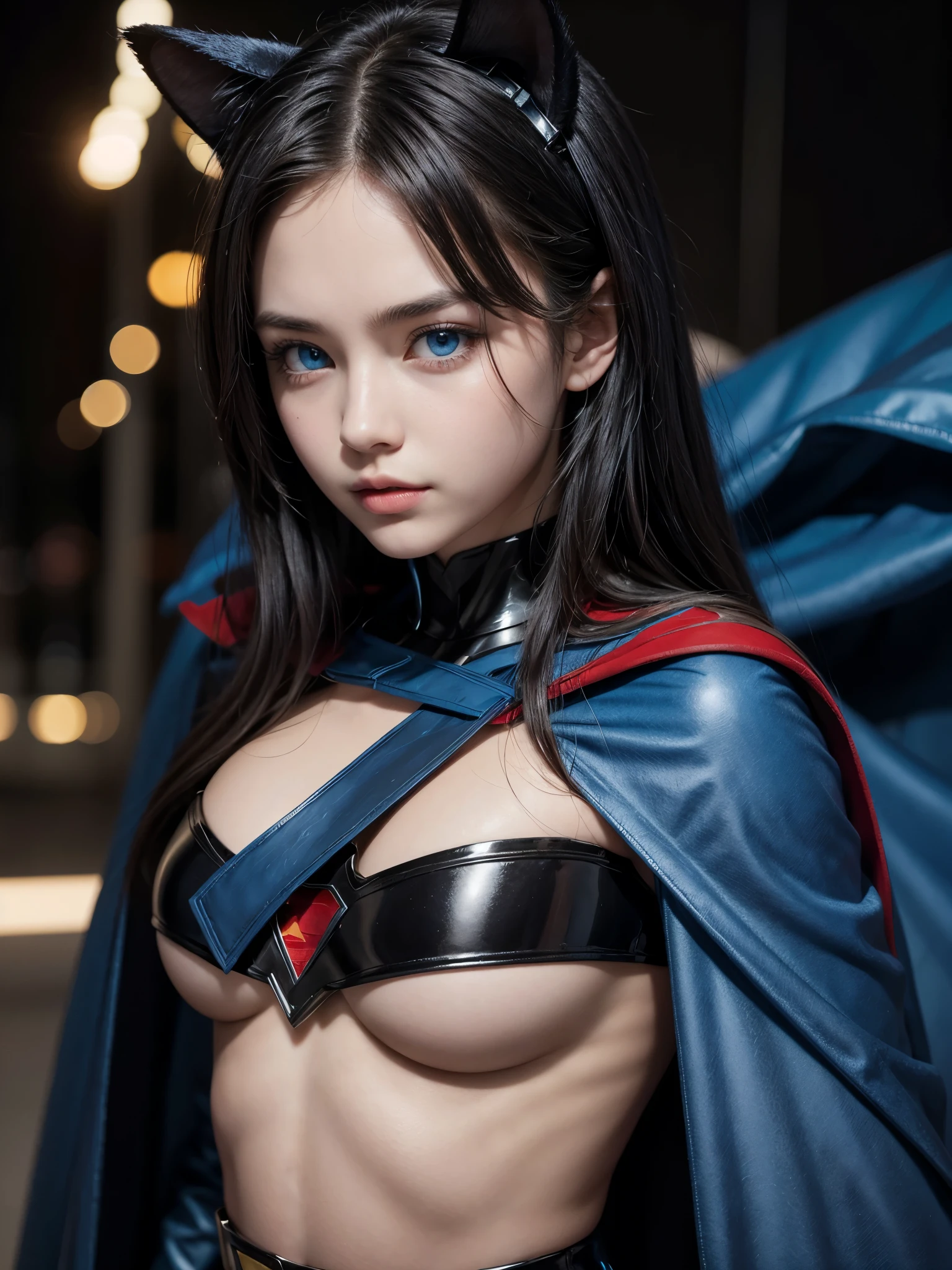 Hot girl, bkue hair, blue eyes, black super hero clothes like superman, blue glove, blue cape, cat ears