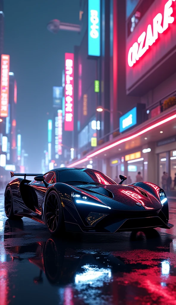 A sleek black sports car with neon lights reflecting off its polished surface, parked in a futuristic cityscape at night.