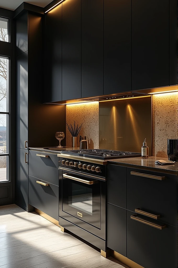 kitchen room in black and gold colors