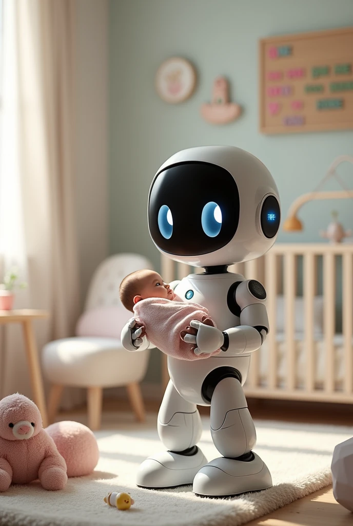 A robot that gives milk to babies and also has a TV and speakers to entertain the baby