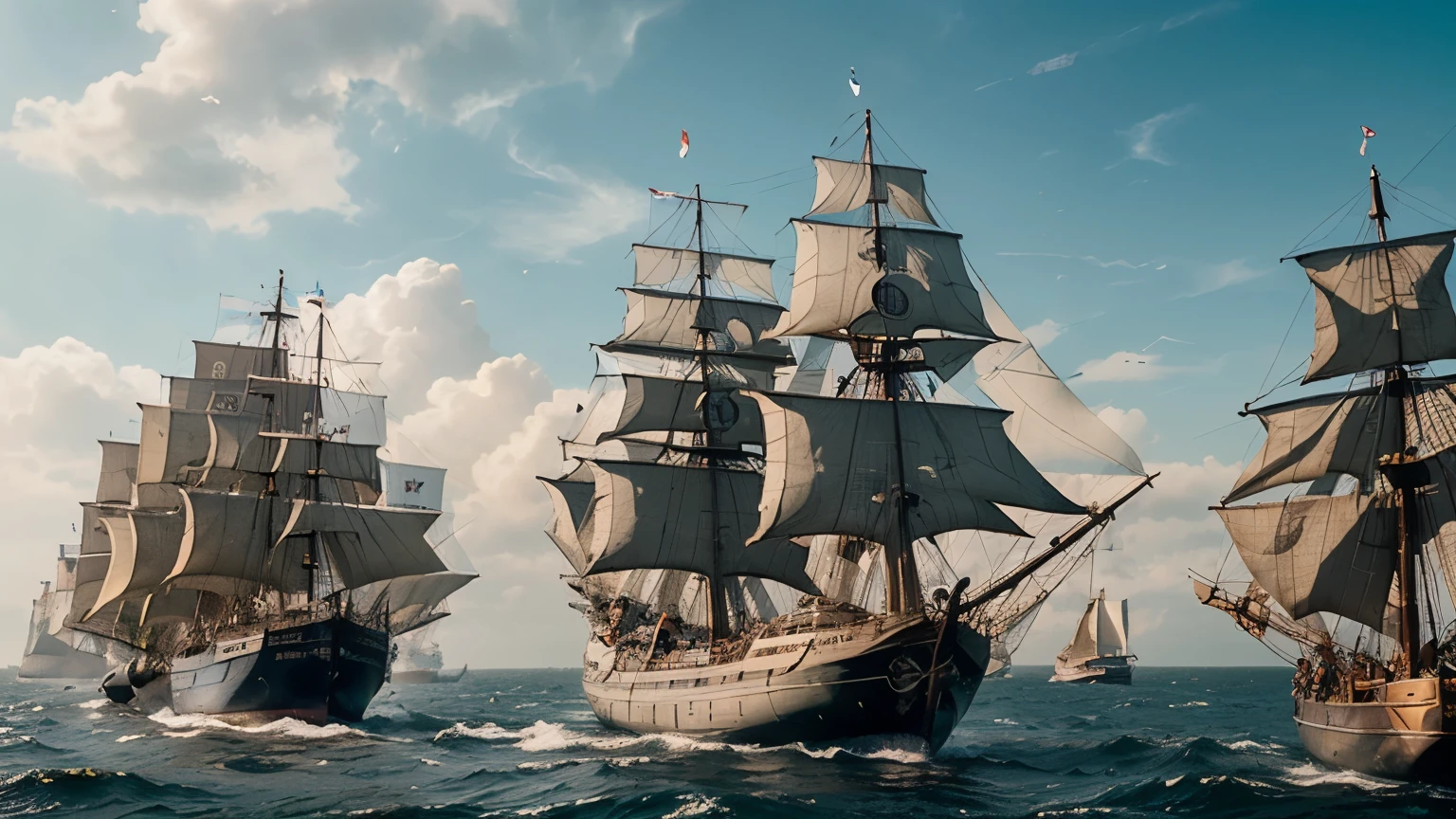 A scene depicting European navigators on a journey of discovery, (((using Chinese compasses and gunpowder))). The scenario must include (((sailing ships))), ancient maps and the exploration of unknown lands, with a sense of adventure and achievement.