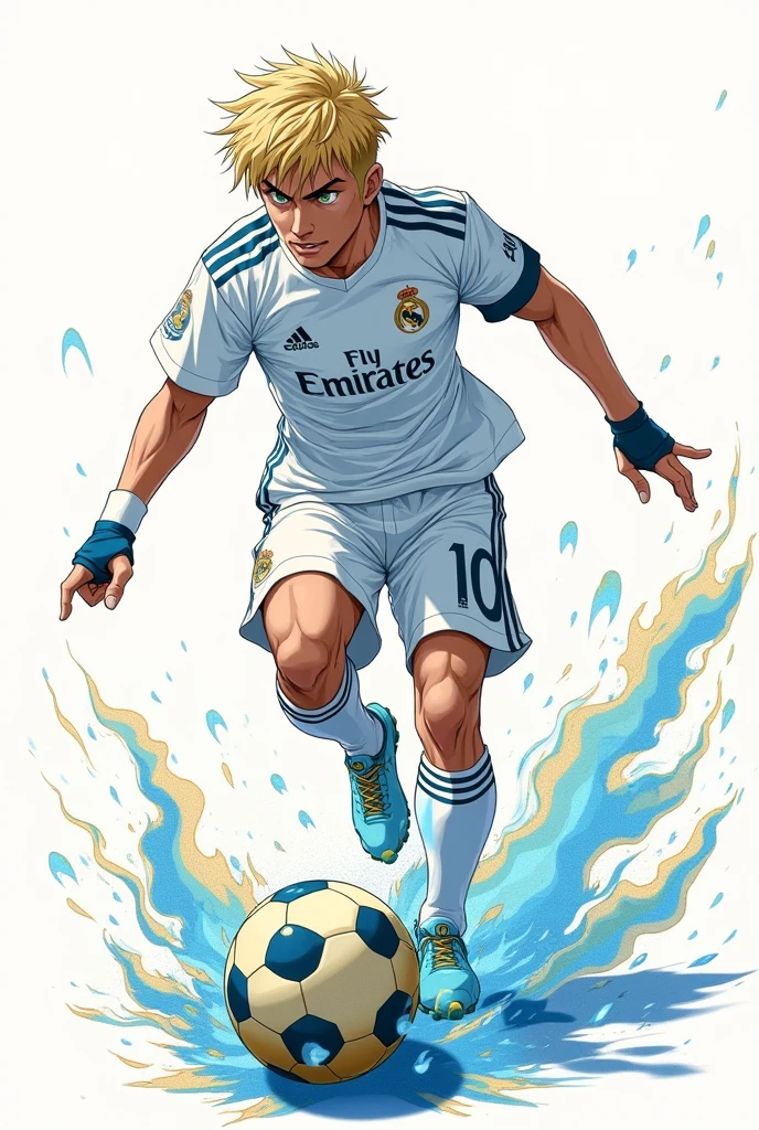 An anime cover, with the protagonist on a completely white background, kicking a soccer ball, which produces various blue and yellow effects, while the protagonist looks at the ball with a look of fury and determination. With the anime name highlighted "Goal Frenzy". The appearance of the MALE protagonist is tall and has an athletic build with defined muscles.. Her hair is short and blonde, with a fringe that falls over the forehead, and your eyes are light green, full of determination. He wears the number 10 jersey for the Real Madrid football team and often has a blue and white band around his wrist..
