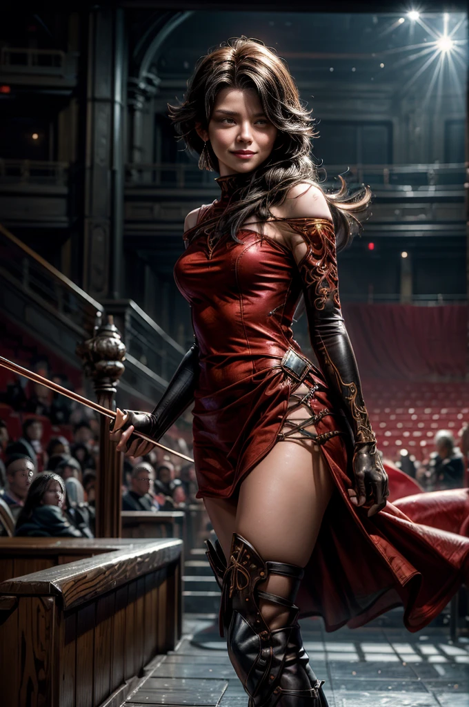 (masterpiece, best quality:1.2), cowboy shot, solo, 1girl, cinder fall, evil smile, looking at viewer, long hair, red dress, elbow gloves, future_urban, standing in theater, orchestra, audience, crowd, (volumetric lighting), intricate details, tonemapping, sharp focus, hyper detailed 