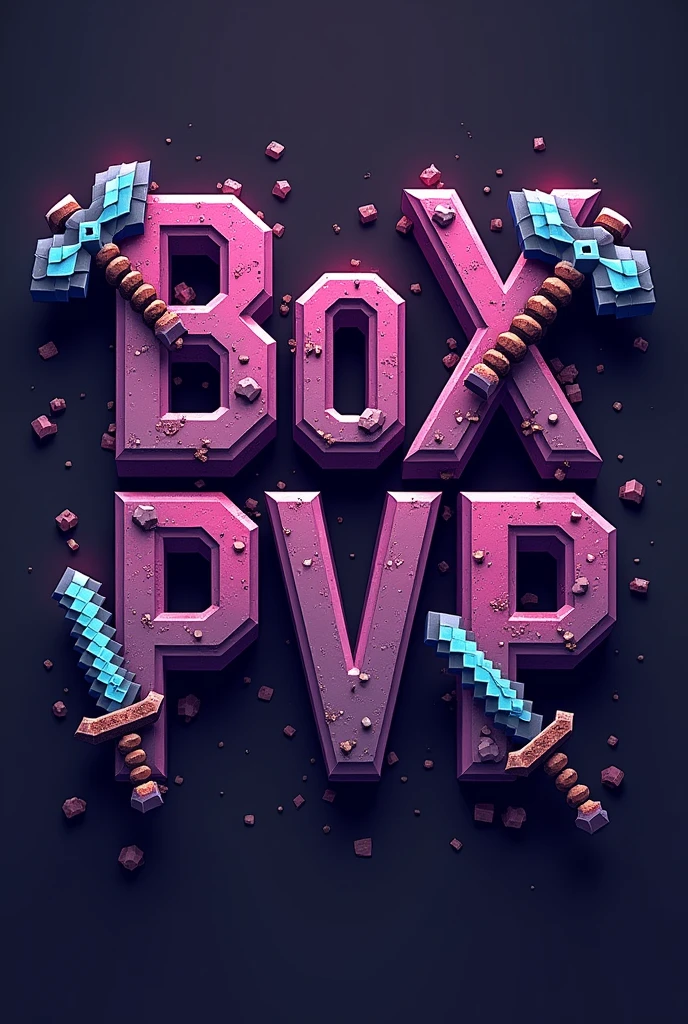Napis BoXPVP  fioletowo szary z mieczami i siekierami Minecraft wbitymi w napis 