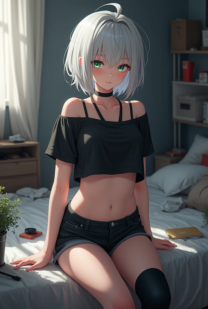 Anime girl, genshin impact, naruto, best quality, masterpiece, high res, light green pupils,1girl, 8k, realistic, medium breasts, 20 years old, messy room, on bed side, high knee sock, nonchalant, wolfcut, very messy white hair, narrow eyes, black crop top, black shorts, short hair with ponytail, whole body from head to toe view,