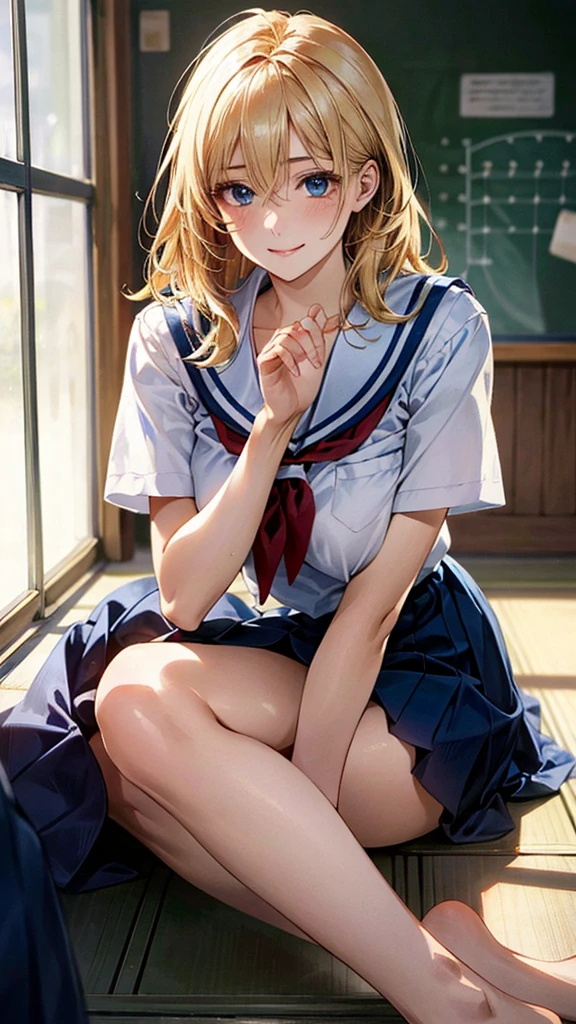 (masterpiece:1.3, Highest quality, Ultra-high resolution, Very detailed), (Realistic, photoRealistic:1.4), Beautiful illustrations, Perfect lighting, Natural light, colorful, Written boundary depth, NFSW,
View your viewers, (throw, Close-up shot), 1 Girl, Japanese, high school girl, Perfect Face, Cute and symmetrical face, Shiny skin, Sunburned skin,
(Bob Hair:1.5, Blonde), Hair between the eyes, blue eyes, (Large Breasts, seductive Thighs, Big Ass), Thighs, sum,
Beautiful Hair, Beautiful Face, Beautiful attention to detail, Beautiful clavicle, Beautiful body, Beautiful breasts, 美しいThighs, Beautiful feet, Beautiful fingers,
(Beautiful views), (Dynamic pose,), (Captivating smile,), (School uniform)