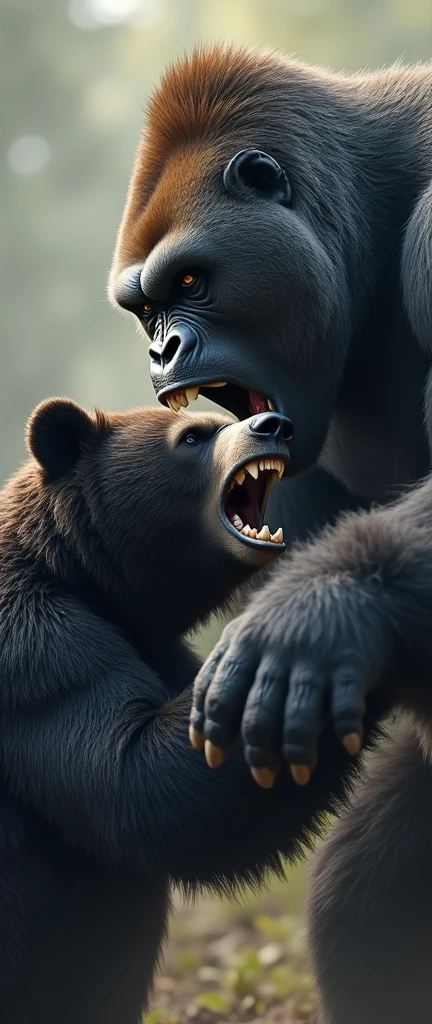 Create a realistic image of a Gorilla fighting a black bear, The bear should have white fur around its eyes and both should have angry expressions.