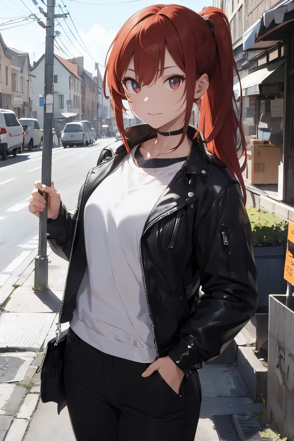 (masterpiece), best quality, BREAK, expressive eyes, (perfect face), 1girl, BREAK,( very long hair, red hair, ponytail), BREAK, (red eyes, agressive eyes, detailed eyes), BREAK, (unpleasant facial expression), BREAK, (very tall height), (skinny build), BREAK, (leather motocycle jacket), BREAK, (black pants), BREAK, (black vans), BREAK, (downtown), BREAK, (standing), (looking at viewer), (view from front)