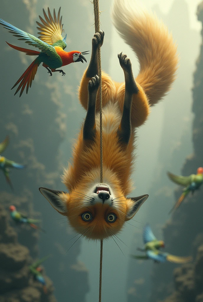 Panicked fox descending from heaven to earth on a rope upside down, parrots biting the rope , fox desperate to scare them away