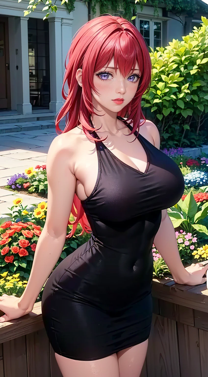 ((solo, 1woman, (TakashiroHiroko, dark purple eyes, red hair, long hair), lipstick, Extremely detailed, ambient soft lighting, 4k, perfect eyes, a perfect face, perfect lighting, a 1girl)), ((solo, (1woman, lipstick), Extremely detailed, ambient soft lighting, 4k, perfect eyes, a perfect face, perfect lighting, a 1girl)), , ((fitness,, shapely body, athletic body, toned body)), ((black dress, garden, flowers))