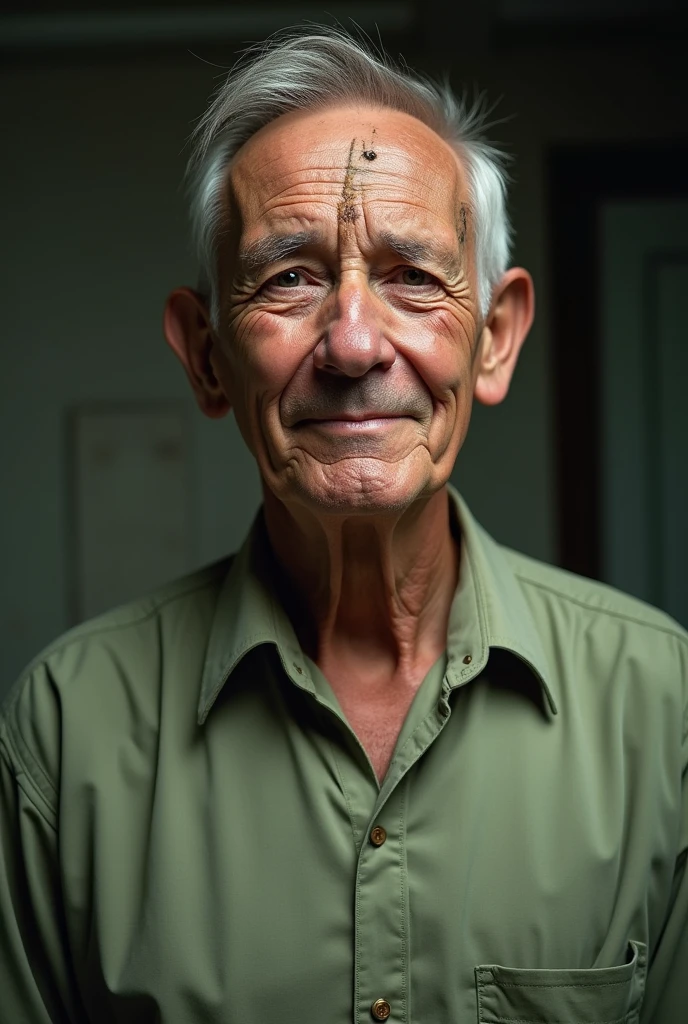 65 years old, tall and strong like a marathon runner, although the years he had spent cooped up in a room had made him accumulate excess pounds. He was wearing a poorly ironed light green dress shirt., had a huge scarred cut on his forehead and his hair was cut in a military style. The expression lines above his lips indicated that he was a smoker and those around his eyes, who liked to laugh. Caucasian skin, high cheekbones, long and straight nose, square jaw and strong chin.  

create an image of the character above