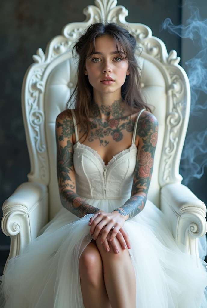 a beautiful young girl, 4k, ultra detailed, intricate tattoos, smoke, expressive beautiful face, long eyelashes, wearing a fantasy white dress, wearing fantasy white high heels, sitting on a white throne, crossed legs, sexy, flawless makeup,shiny skin,younger,
