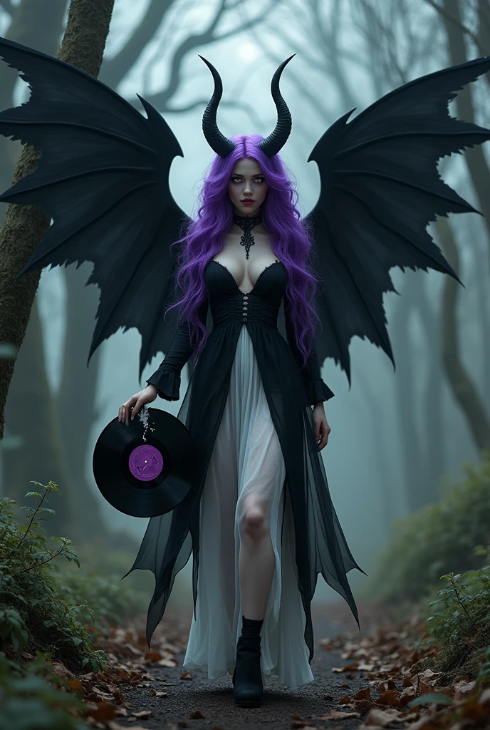 A demon woman,black wings,purple hair,rainbow colored eyes, black and white dress, Holding a broken vinyl record and walking through a forest in Prague 