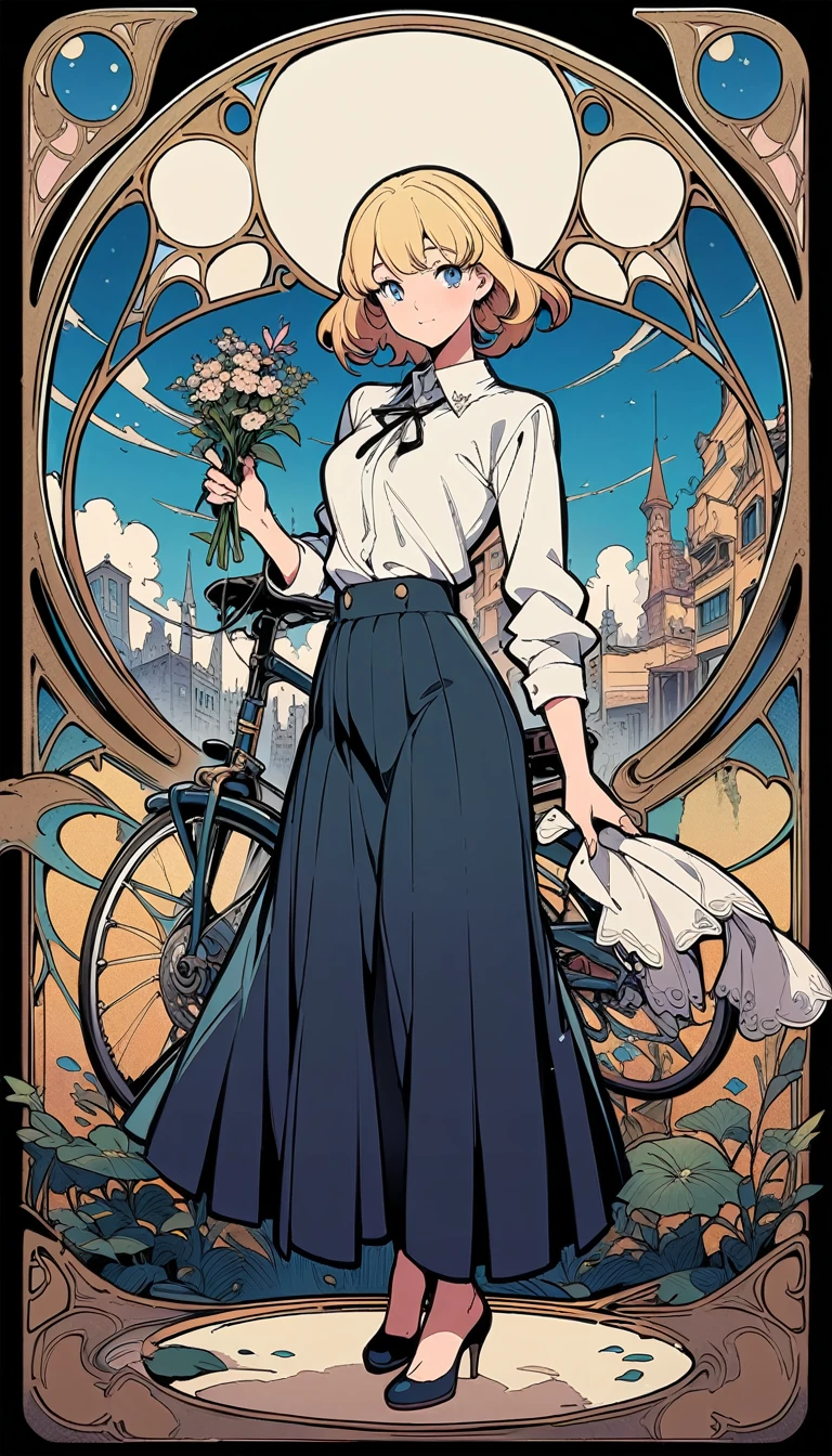 ((best quality)) , ((masterpiece)) , (detailed),The anime depicts an elegant girl with short blonde hair and blue eyes leaning against her bicycle holding flowers in one hand. She has fair skin, wears a white shirt, school uniform skirt, high heels, and the background shows a city street under a bright sky in the style of Hayao Miyazaki. High definition details, beautiful pictures, and high resolution are used to render her .，((art nouveau style , decorative, curvilinear forms, nature-inspired, detailed))