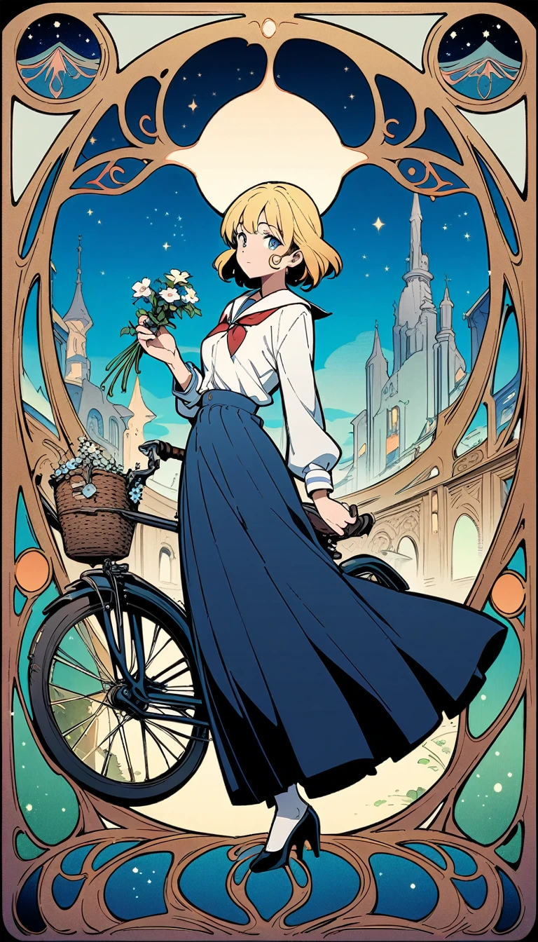 ((best quality)) , ((masterpiece)) , (detailed),The anime depicts an elegant girl with short blonde hair and blue eyes leaning against her bicycle holding flowers in one hand. She has fair skin, wears a white shirt, school uniform skirt, high heels, and the background shows a city street under a bright sky in the style of Hayao Miyazaki. High definition details, beautiful pictures, and high resolution are used to render her .，((art nouveau style , decorative, curvilinear forms, nature-inspired, detailed))