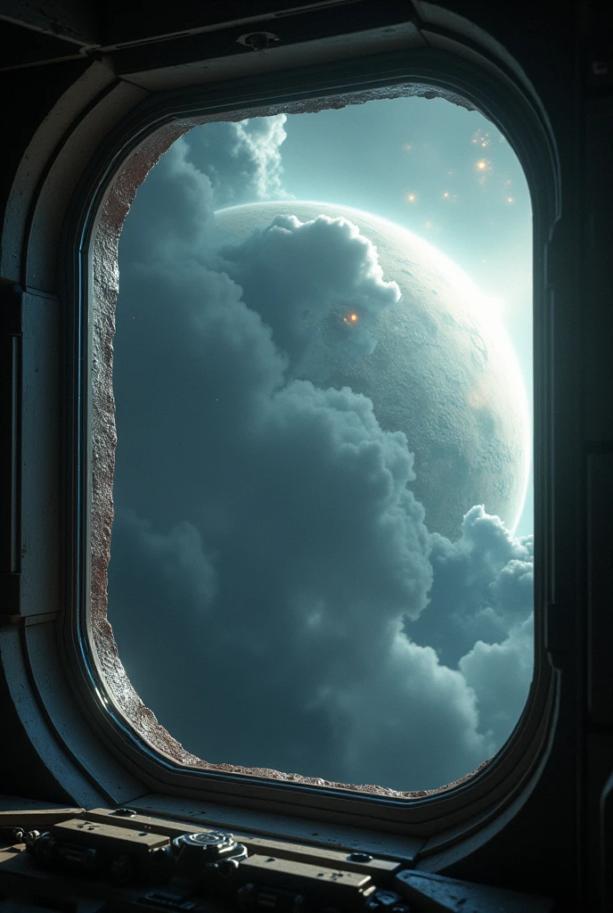 (The Advent spacecraft approaches a planet with an unstable atmosphere. Thunderstorms and strong winds are seen from the windows.)