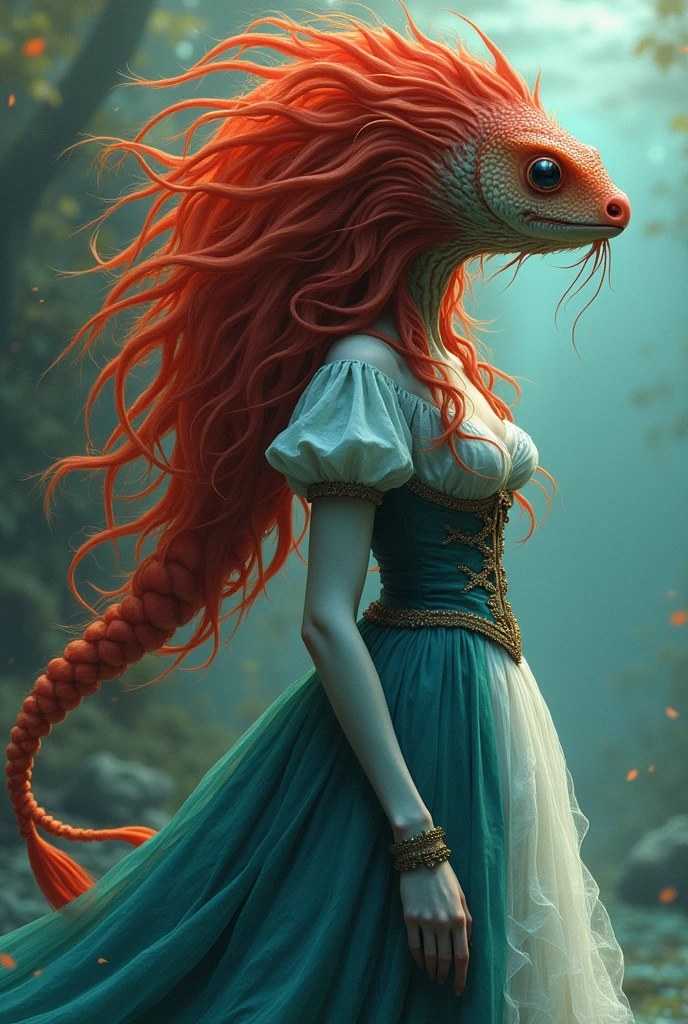 Oarfish anthro, Long red hair, red dorsal sail, oarfish face, Light blue skin, dark blue markings, Webbed hands, long tail, oarfish tail, Flowing blue green and white dress, Realistic, victorian england,