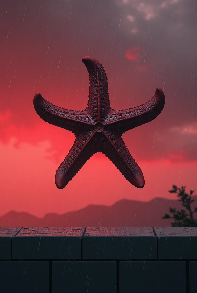 Photorealistic flat small 5 armed flying starfish, very short 5 flat arms starfish shaped small flat object, with background of red tones rainy cloudy sky, the sky is in dusk and is a tiny rain drops in the red tones cloudy sky, the body of flying starfish is flat and have a 5 short flat arms, the object have a dry starfish shape, the color of the object is dark red, the object are made of fractal shapes, with rectangular and mechanical patterns, the design of the shapes in the structure of the starfish object is flat with soft borders, the texture of the object are similar to a dmt psychedelic trip, the arms of starfish are short, small and have a technological texture, on the top of ufo there is a small short living tentacle making visual recognize of terrain, the object is only visible from below, the starfish object is small, all the sighting ocurred in my roof. In my roof there is a gray brick wall in all the front view, above this wall is the flying starfish