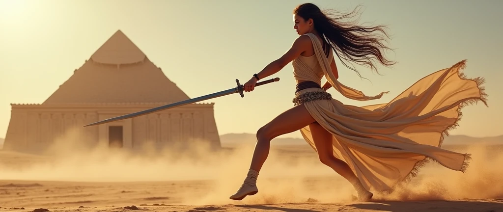 (masterpiece), full hd, best quality, 1 girl, solo, , beautiful, shapely, big hips, big breasts, innocent, Pure, delicate, Proportional body, perfect body figure, cold face, long hair flying in the wind, Photos with depth, wind, (masterpiece), full hd, best quality, expressive eyes, perfect face, 1 girl, solo, Portrait of an ancient Persian female warrior wearing armor fighting fiercely in the desert, In the distance is an ancient temple, long legs
