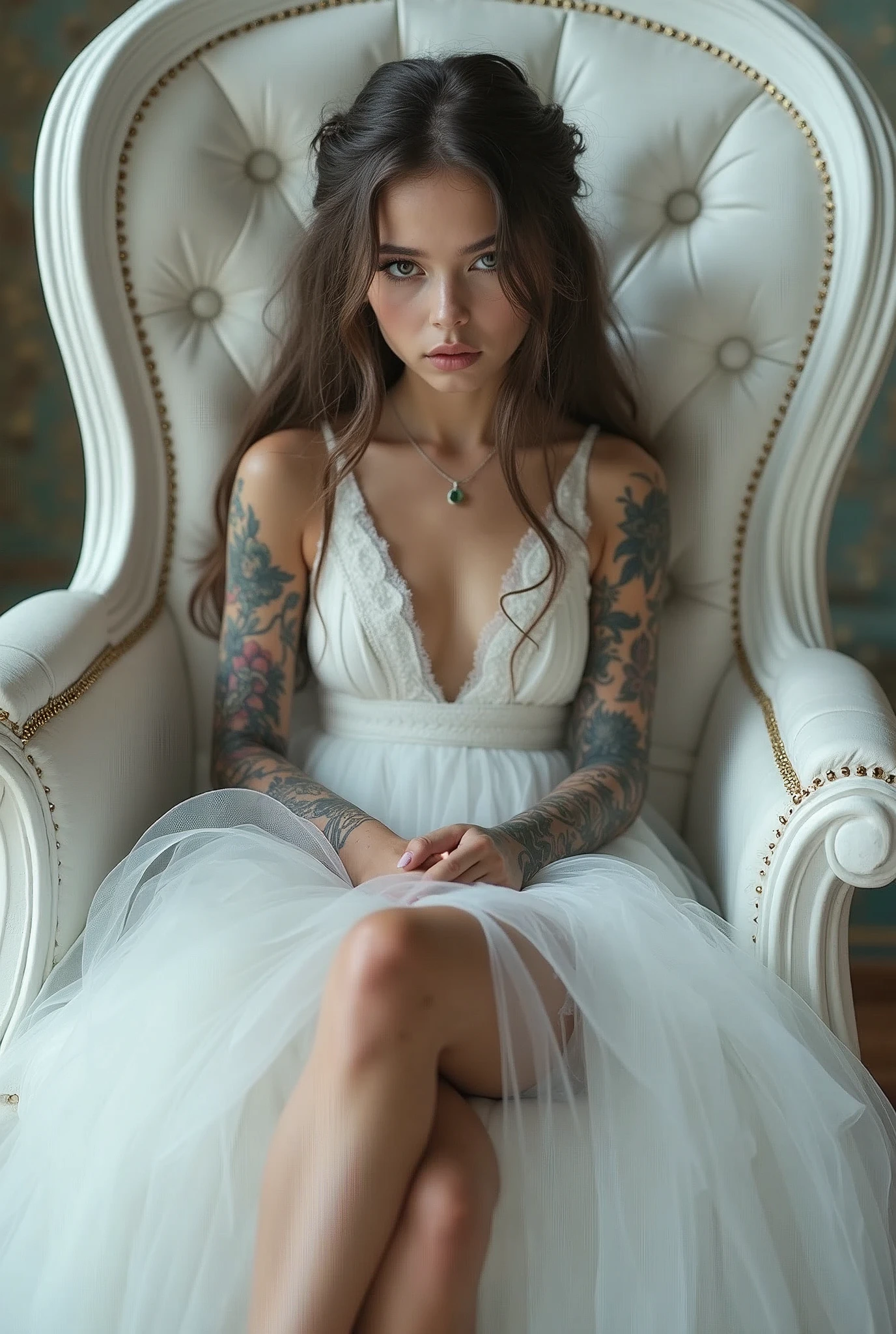 a beautiful young girl, 4k, ultra detailed, intricate tattoos, smoke, expressive beautiful face, long eyelashes, wearing a fantasy white dress, wearing fantasy white high heels, sitting on a white throne, crossed legs, sexy, flawless makeup,shiny skin,younger,
