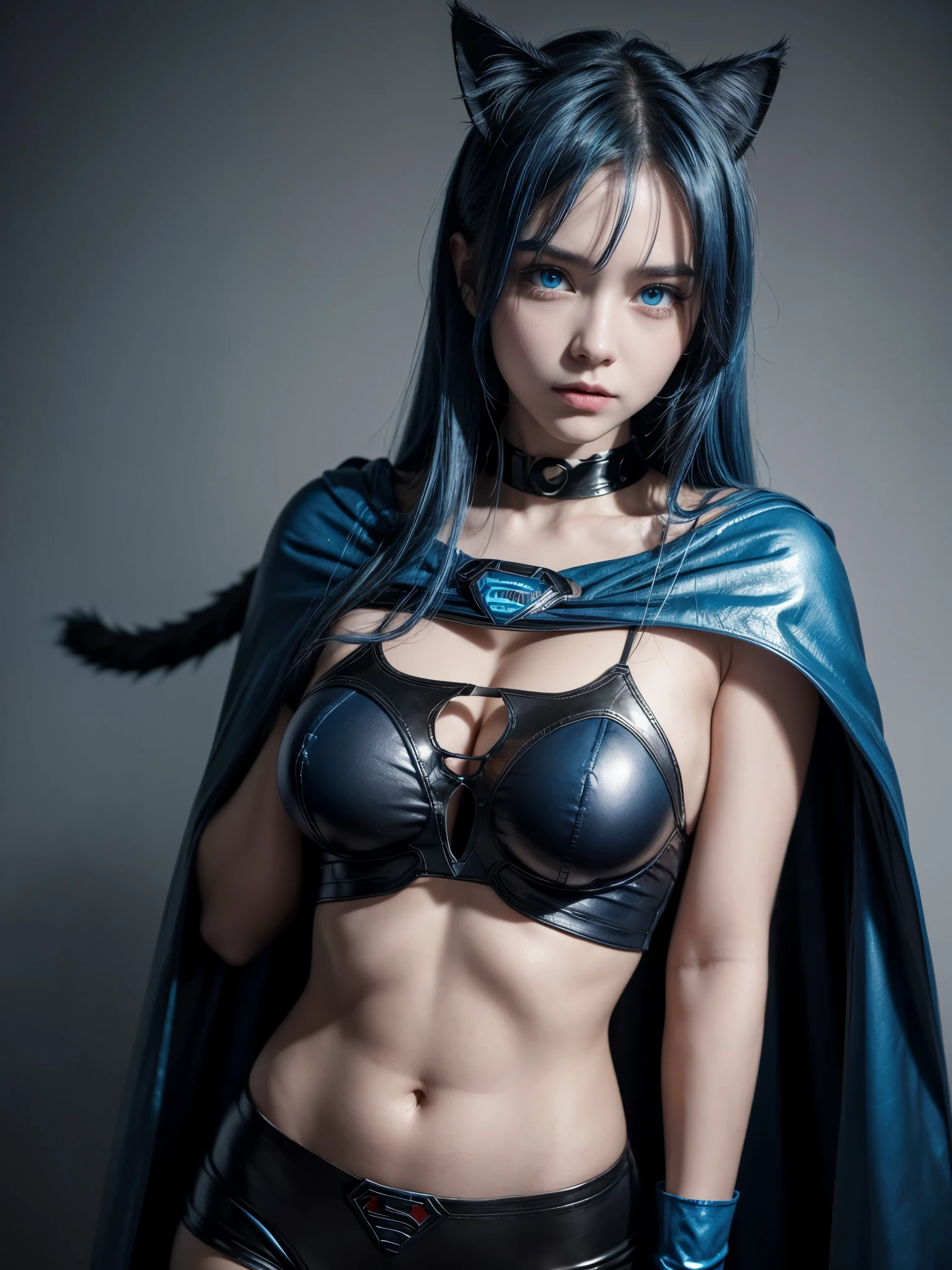 Hot girl, blue hair, blue eyes, black super hero clothes like superman, blue glove, blue cape, cat ears