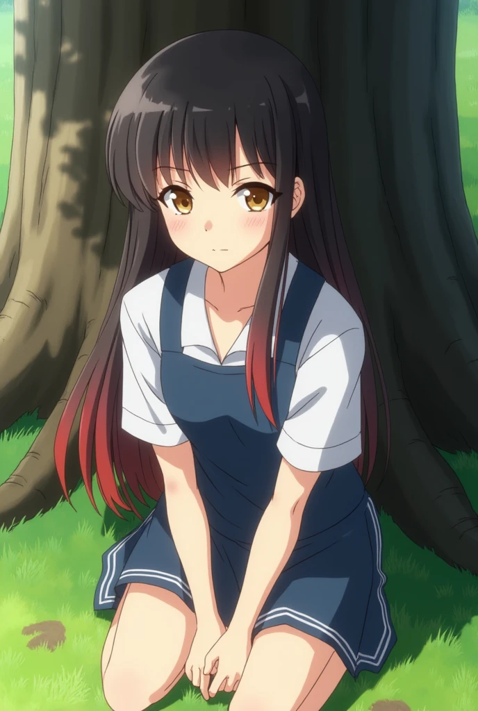 Haikyu screenshot!!.
Girl with straight hair, half black and the other brown with bangs, Her eyes are phosphorescent hazel and she wears the Haikyu school uniform..
She is sitting on the grass and behind her there is a tree that she leans against. Her expression is serious and to one side is Shoyo Hinata.