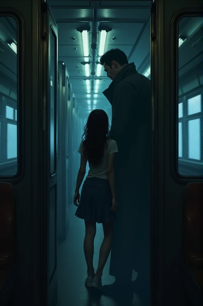 Mia backed away, but the doors of the carriage slammed shut. The train began moving again, faster and faster, the world outside blurring into darkness. She tried to scream, but no sound came out. The man stepped closer, his shadow stretching out to engulf her.