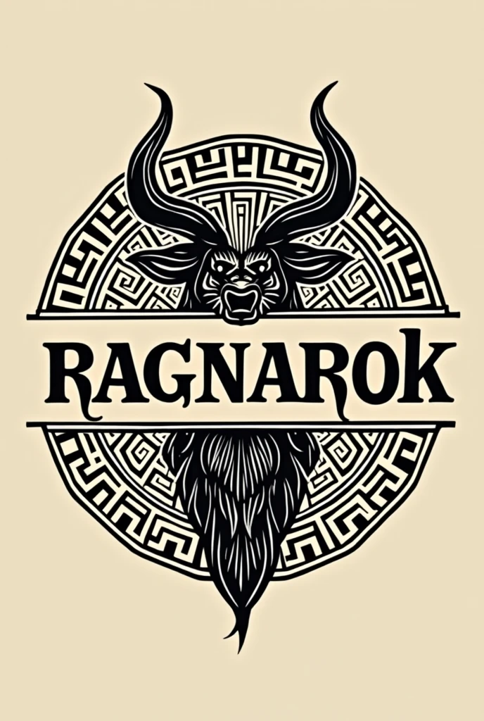 Merge the two elements provided into a single logo. The first element is a logo with the text "ragnarok & BREW BURGUERS & grill" in an elegant and slightly rustic typography. The second element is a black and white Nordic symbol, with an intricate design reminiscent of runes or a Viking emblem.
Please, integrate the Nordic symbol behind the text or as a frame around it, making sure that both elements complement each other and highlight the Nordic theme of the restaurant. Maintain elegance and visual balance between the two components, using a color palette that appropriately combines the golden brown of the text and the black of the symbol. The end result should convey the restaurant's robust and thematic essence..